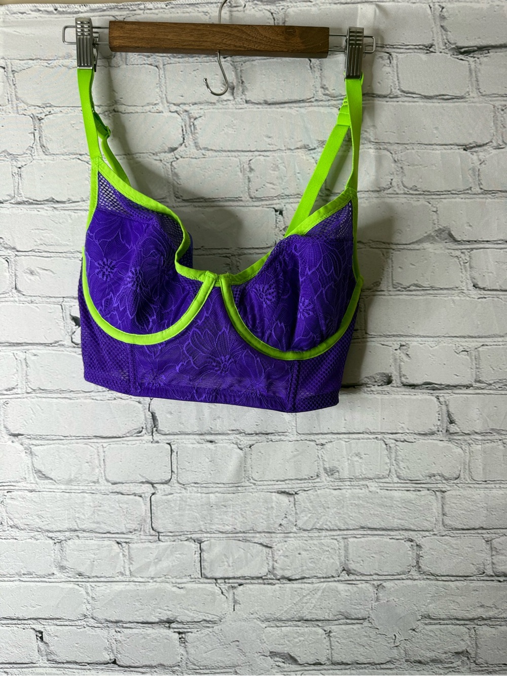 Cacique Purple Lace Bralette with Neon Green Trim size 34DD